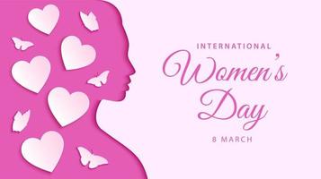 International women's day 8 March. Women's day background in paper art style with butterfly and heart elements. Greeting card, banner, poster. Vector illustration
