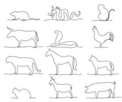 set of animals, symbols of the year according to the Chinese calendar,hand drawn, continuous mono line, one line art vector