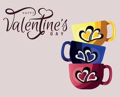 diseño de volante para feliz día de san valentín con tazas multicolores. romance, concepto de amor. ilustración vectorial para carteles, pancartas, publicidad, invitación, volante, portada. vector