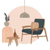 Modern interior design in hygge,boho style with retro armchair,table and houseplant in a pot on the background of abstract geometric shapes vector graphic.Contemporary fragment interior pastel colors.