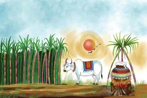 feliz festival de la cosecha navideña pongal de tamil nadu sur de la india diseño de tarjetas de felicitación vector