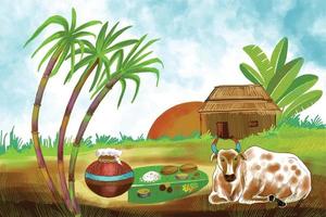 feliz festival de la cosecha navideña pongal de tamil nadu sur de la india diseño de tarjetas de felicitación vector