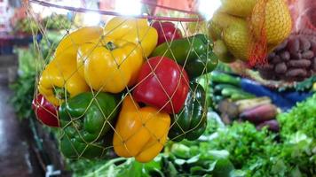 rood en groen kleur paprika in een herbruikbaar boodschappen doen zak video