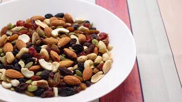 Close Up Of Many Mixed Nuts In A Bowl On Table video