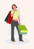 mujer de carácter plano con bolsas de compras vector