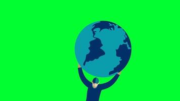 mapa del mundo de la tierra del globo giratorio con animación de hombre con soporte de escritorio en pantalla verde. propósito de la decoración de la escuela de geografía y ecología de la educación del planeta mundial. video