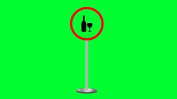 sin alcohol, sin drogas, sin beber, cante la silueta de una botella y un vaso en la animación de pantalla verde. zona prohibida libre de alcohol. precaución signos de adicción prohibición de bebidas alcohólicas. video