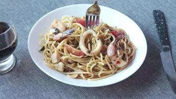 Plate Of Sea Food Pasta On Table video