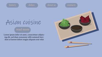 plantilla de página web con comida asiática. ilustración de wasabi, jengibre y salsa de soja. vector