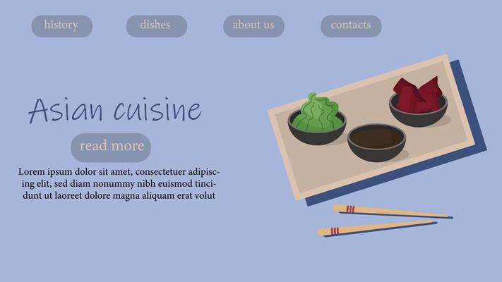 Web page template with asian food. Illustration of wasabi, ginger and soy sauce.