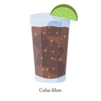 National Cuban alcoholic cocktail with a piece of lime and ice in a glass. Illustration of Cuba Libre. Latin American drink. Feedom island symbol beverage vector