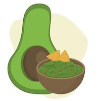Guacamole with chips and a large avocado. Illustration on the theme of latin american food vector