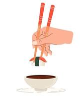 Dip sushi in soy sauce. Chinese chopsticks in hand. vector