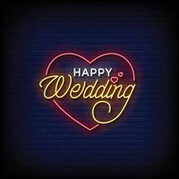 neon sign happy wedding with brick wall background vector illustration