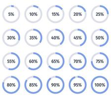 Set of colorful infographic percentage pie charts. Segment of hole circle icons 5 - 100. Simple flat design loading data interface elements app, button, ui ux web. Progress, waiting or downloading. vector