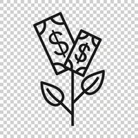 Growth profit icon in flat style. Flower with money vector illustration on white isolated background. Increase business concept.