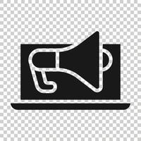 Laptop with megaphone speaker icon in flat style. Notebook bullhorn vector illustration on white isolated background. Computer subscribe business concept.