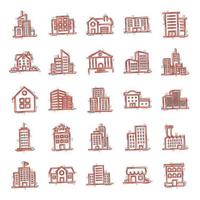 Building icon set in comic style. Town skyscraper apartment cartoon vector illustration on white isolated background. City tower splash effect business concept.