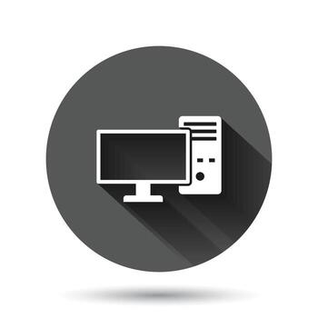 icono de computadora pc en estilo plano. ilustración vectorial de escritorio sobre fondo redondo negro con efecto de sombra larga. concepto de negocio de botón de círculo de monitor de dispositivo. vector