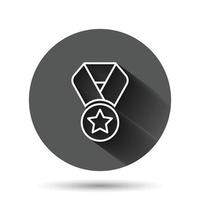 icono de medalla en estilo plano. Ilustración de vector de signo de premio sobre fondo redondo negro con efecto de sombra larga. Concepto de negocio de botón de círculo de premio de trofeo.