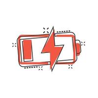 Battery charge icon in comic style. Power level cartoon vector illustration on white isolated background. Lithium accumulator splash effect business concept.