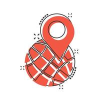 icono de navegación global en estilo cómico. globo pin gps dibujos animados vector ilustración sobre fondo blanco aislado. concepto de negocio de efecto de salpicadura de dirección del planeta.