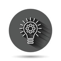 Innovation icon in flat style. Lightbulb with cogwheel vector illustration on black round background with long shadow effect. Idea circle button business concept.