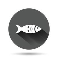 Fish icon in flat style. Seafood vector illustration on black round background with long shadow effect. Sea animal circle button business concept.