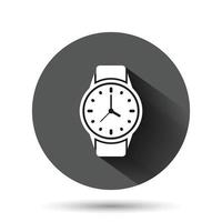 icono de reloj de pulsera en estilo plano. ilustración de vector de reloj de mano sobre fondo redondo negro con efecto de sombra larga. concepto de negocio de botón de círculo de pulsera de tiempo.