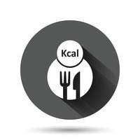 icono de kcal en estilo plano. Ilustración de vector de dieta sobre fondo redondo negro con efecto de sombra larga. Concepto de negocio de botón de círculo de calorías.