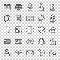 Contact icon set in flat style. Phone communication vector illustration on white isolated background. Website equipment business concept.