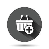 Add to cart icon in flat style. Shopping vector illustration on black round background with long shadow effect. Basket with plus sign circle button business concept.