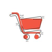 Shopping cart icon in comic style. Trolley cartoon vector illustration on white isolated background. Basket splash effect business concept.