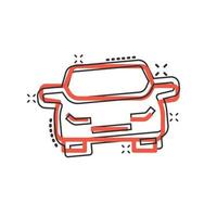 icono de coche en estilo cómico. ilustración de vector de dibujos animados de vehículo de automóvil sobre fondo blanco aislado. concepto de negocio de efecto de salpicadura de sedán.