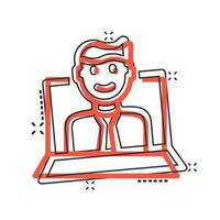 People with laptop computer icon in comic style. Pc user cartoon vector illustration on white isolated background. Office manager splash effect business concept.