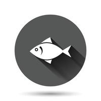 icono de pescado en estilo plano. ilustración de vector de mariscos sobre fondo redondo negro con efecto de sombra larga. concepto de negocio de botón de círculo de animales marinos.