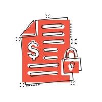 Financial statement icon in comic style. Document with lock cartoon vector illustration on white isolated background. Report splash effect business concept.