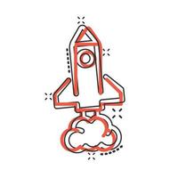 Rocket icon in comic style. Spaceship launch cartoon vector illustration on white isolated background. Sputnik splash effect business concept.