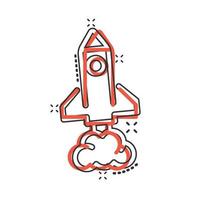 Rocket icon in comic style. Spaceship launch cartoon vector illustration on white isolated background. Sputnik splash effect business concept.