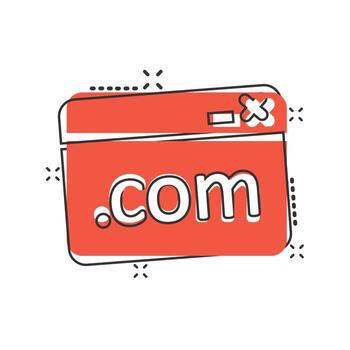 Website domain icon in comic style. Com internet address cartoon vector illustration on white isolated background. Server splash effect business concept.