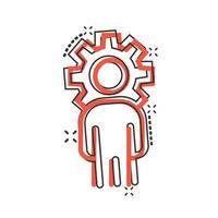 People with gear icon in comic style. Person cogwheel cartoon vector illustration on white isolated background. Teamwork splash effect business concept.
