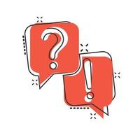 Question and answer icon in comic style. Dialog speech bubble cartoon vector illustration on white isolated background. Forum chat splash effect business concept.