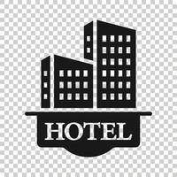 Hotel sign icon in flat style. Inn building vector illustration on white isolated background. Hostel room business concept.