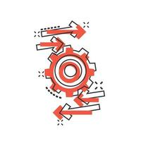 Process icon in comic style. Arrow and gear cartoon vector illustration on white isolated background. Optimization splash effect business concept.