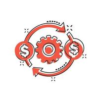 Money optimization icon in comic style. Gear effective cartoon vector illustration on white isolated background. Finance process splash effect business concept.