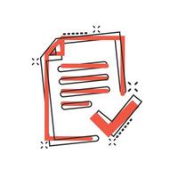 Approved document icon in comic style. Authorize cartoon vector illustration on white isolated background. Agreement check mark splash effect business concept.