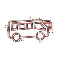 icono de autobús en estilo cómico. ilustración de vector de dibujos animados de entrenador sobre fondo blanco aislado. concepto de negocio de efecto de salpicadura de vehículo autobus.