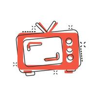 icono de vector de pantalla de tv retro en estilo cómico. vieja ilustración de dibujos animados de televisión sobre fondo blanco aislado. concepto de negocio de efecto de salpicadura de pantalla de tv.