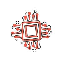 Computer cpu icon in comic style. Circuit board cartoon vector illustration on white isolated background. Motherboard chip splash effect business concept.