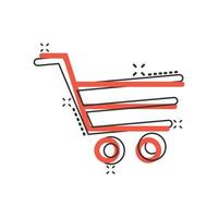 Shopping cart icon in comic style. Trolley cartoon vector illustration on white isolated background. Basket splash effect business concept.